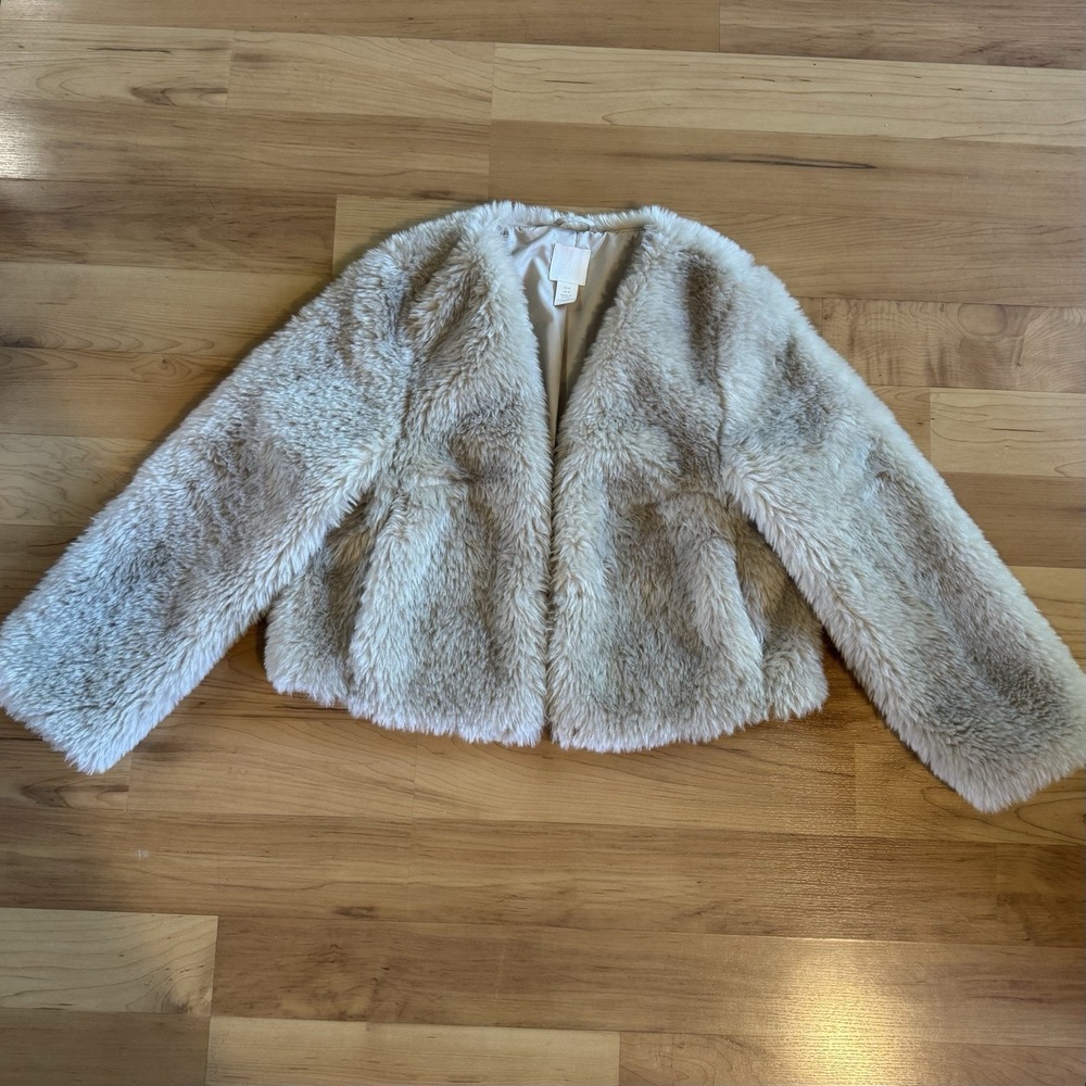 MOB WIFE Luxury Cream Faux Fur Cropped‎ Jacket Coat H&M Plush Shag Glam M